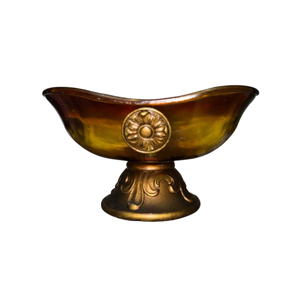 Amber Glass Bowl With Ornate Gold Metal Base & Floral Embellishment Vintage Deco